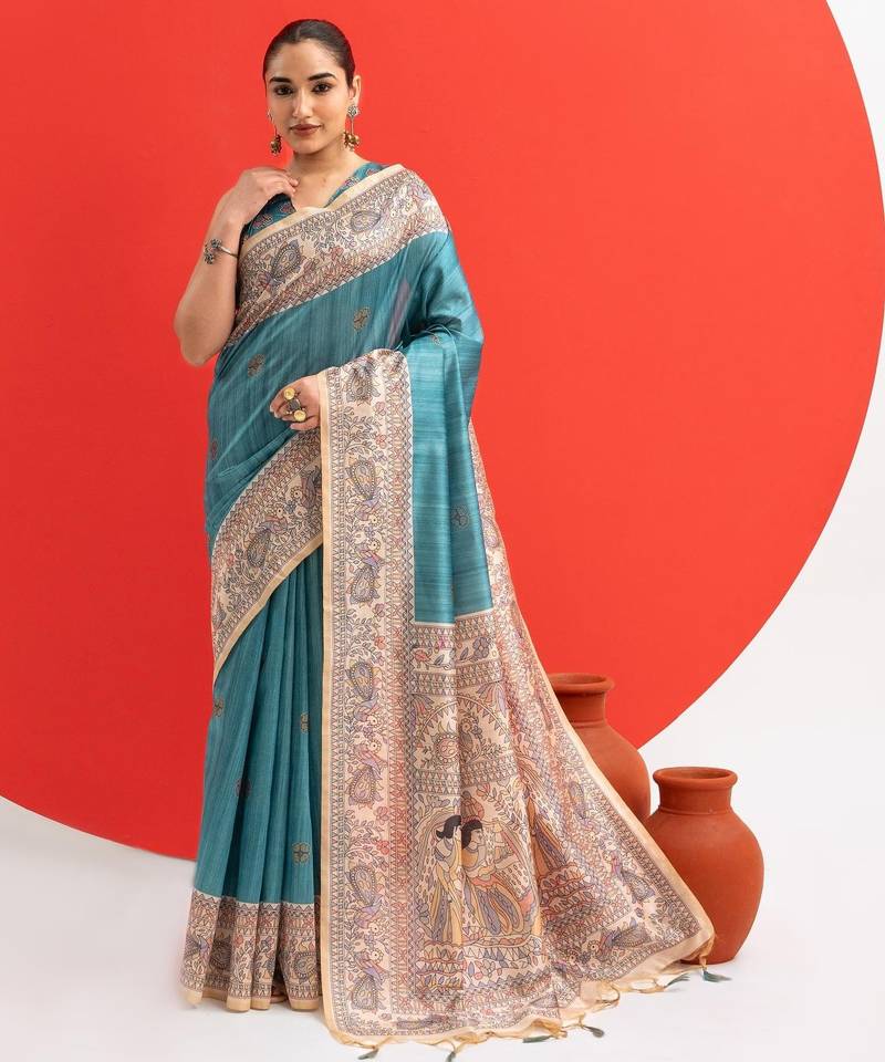 blue solid tussar silk saree with blouse