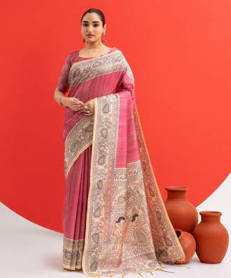 pink solid tussar silk saree with blouse 1