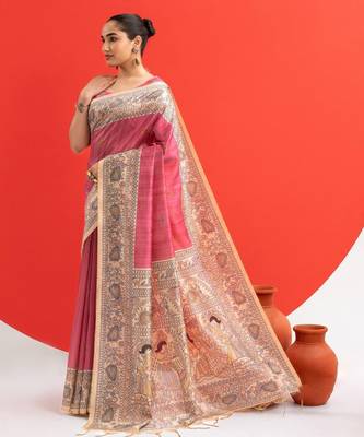 pink solid tussar silk saree with blouse 2