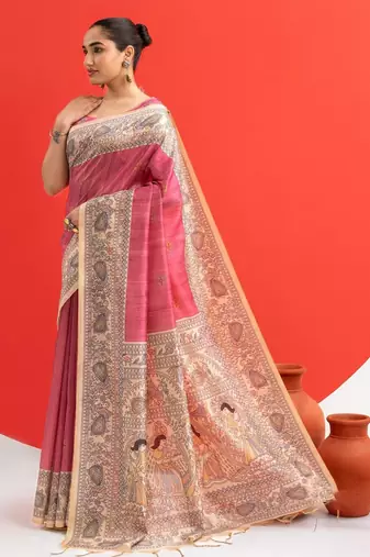 pink solid tussar silk saree with blouse