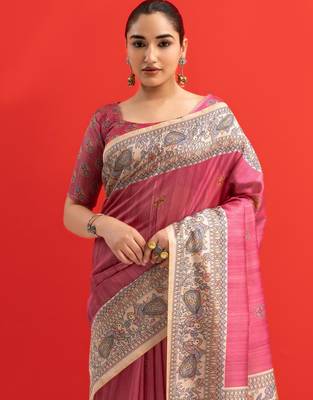 pink solid tussar silk saree with blouse 3