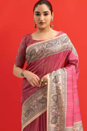 pink solid tussar silk saree with blouse