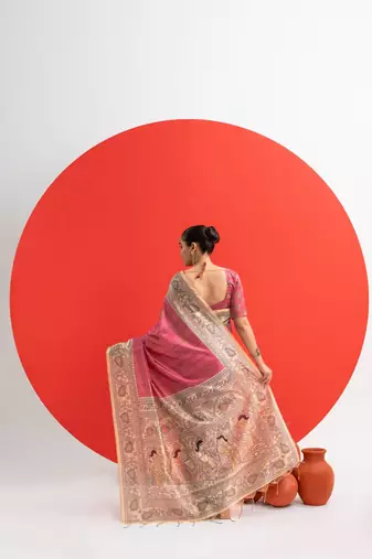 pink solid tussar silk saree with blouse