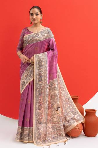 wine solid tussar silk saree with blouse
