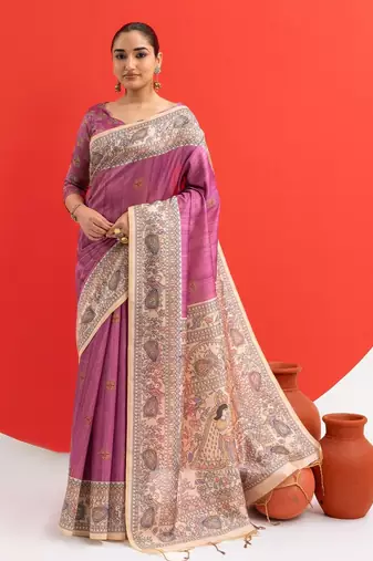 wine solid tussar silk saree with blouse