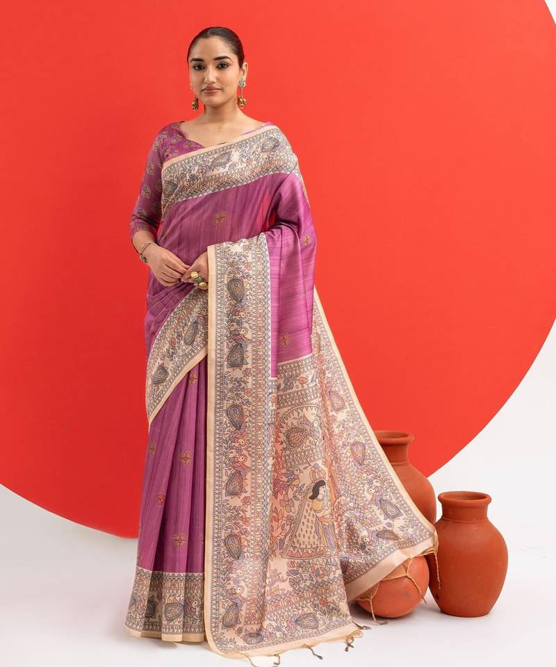 wine solid tussar silk saree with blouse