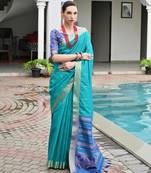 blue solid raw silk blend saree with blouse