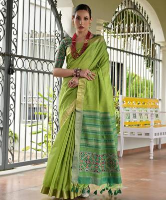green solid raw silk blend saree with blouse 3