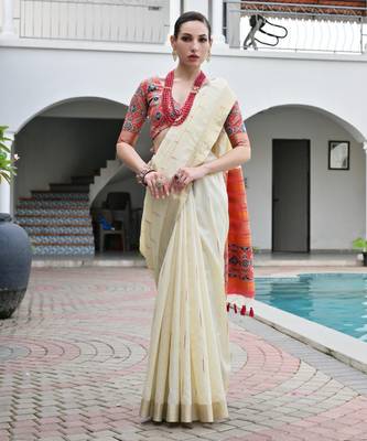 ivory solid raw silk blend saree with blouse 1