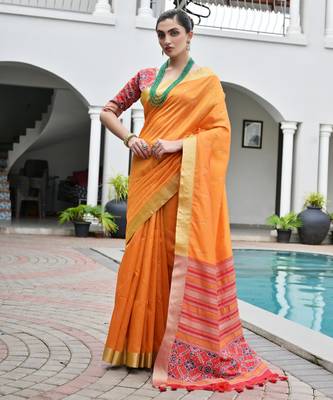orange solid raw silk blend saree with blouse 2