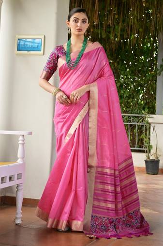 pink solid raw silk blend saree with blouse