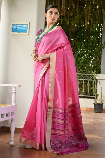 pink solid raw silk blend saree with blouse