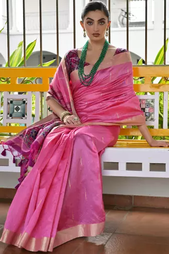 pink solid raw silk blend saree with blouse