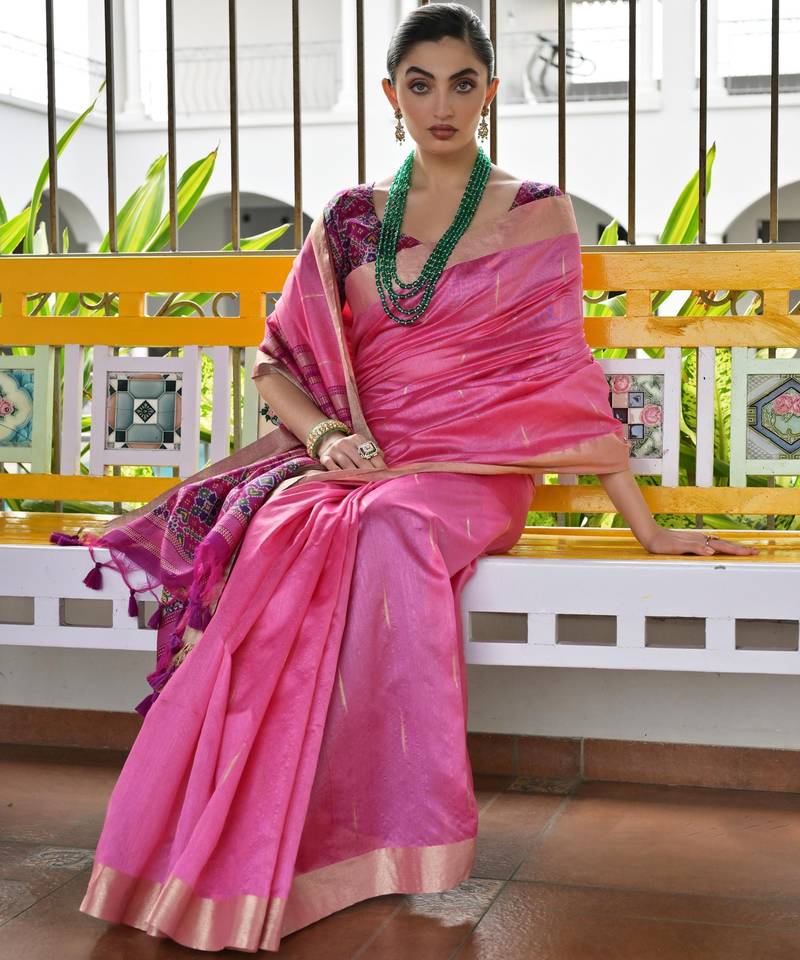 pink solid raw silk blend saree with blouse