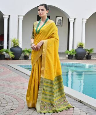 yellow solid raw silk blend saree with blouse 2