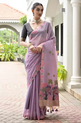 lavender solid chanderi saree with blouse