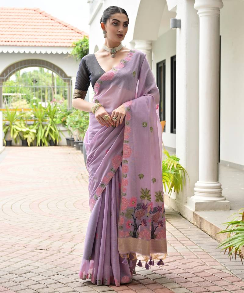 lavender solid chanderi saree with blouse