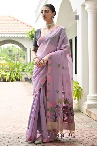 lavender solid chanderi saree with blouse