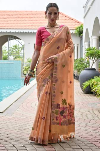 peach solid chanderi saree with blouse