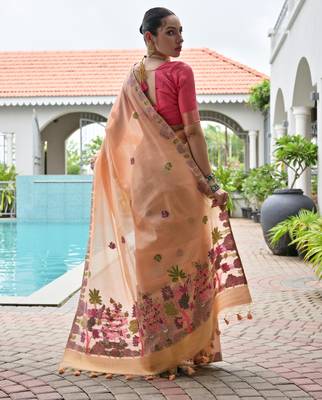 peach solid chanderi saree with blouse 2