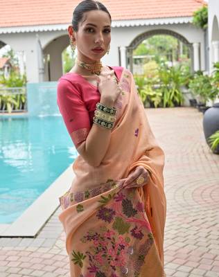 peach solid chanderi saree with blouse 4
