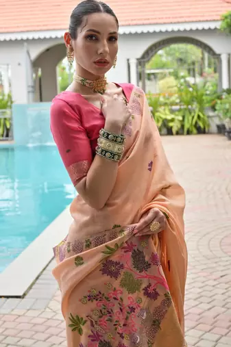 peach solid chanderi saree with blouse