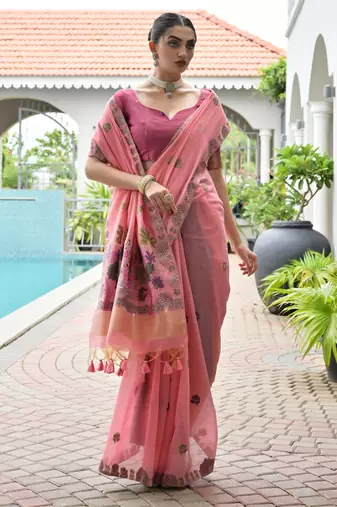 pink solid chanderi saree with blouse