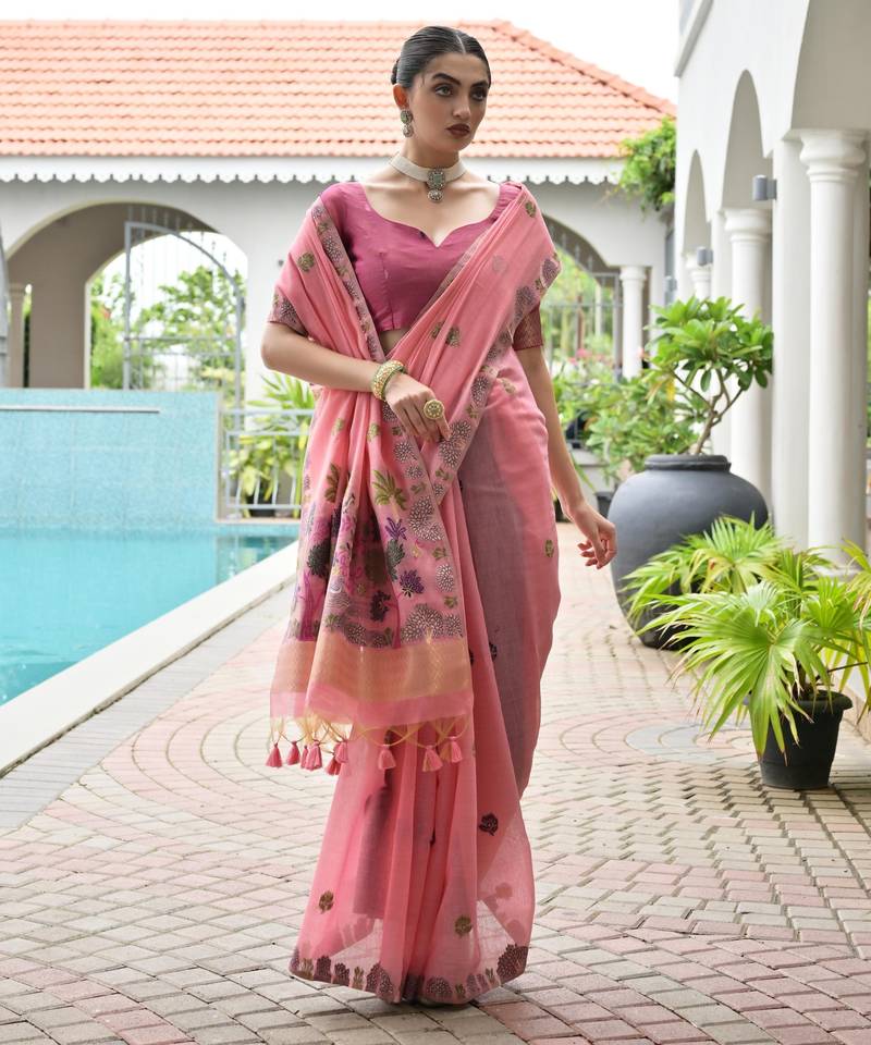 pink solid chanderi saree with blouse
