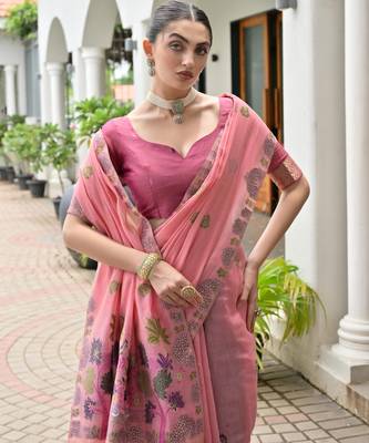 pink solid chanderi saree with blouse 3