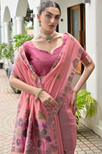 pink solid chanderi saree with blouse