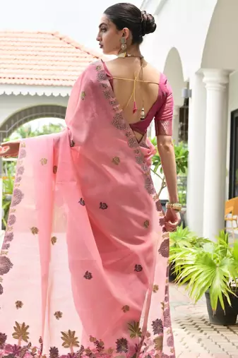pink solid chanderi saree with blouse