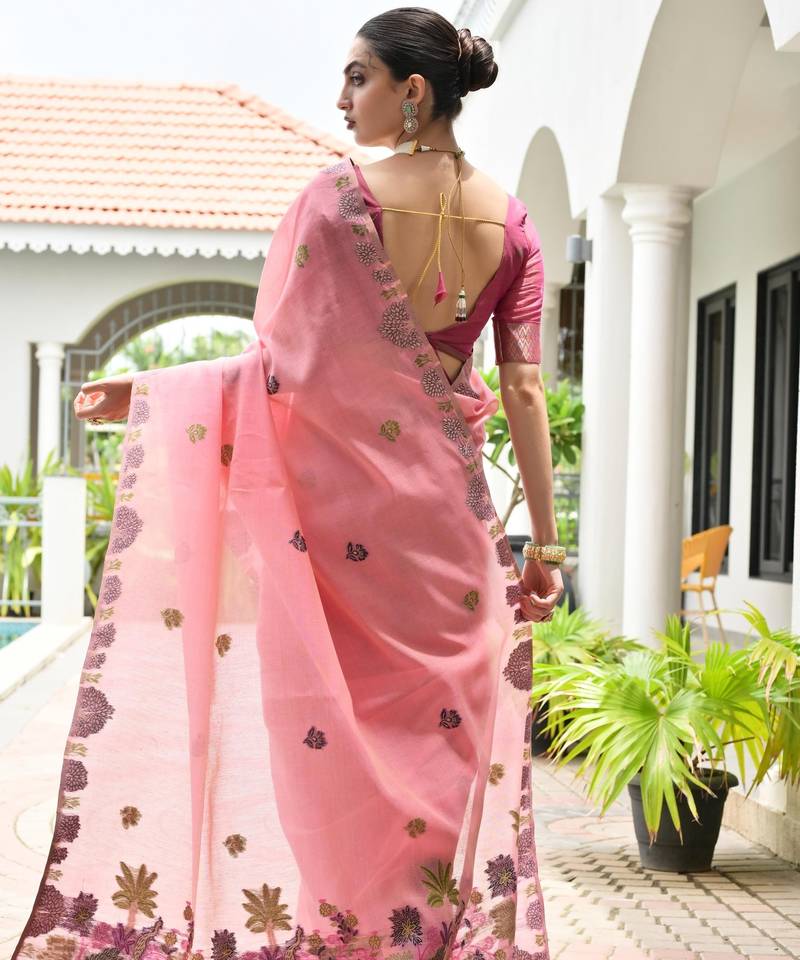 pink solid chanderi saree with blouse