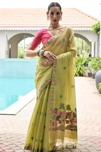 green solid chanderi saree with blouse