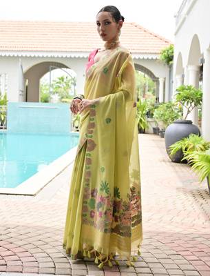 green solid chanderi saree with blouse 2
