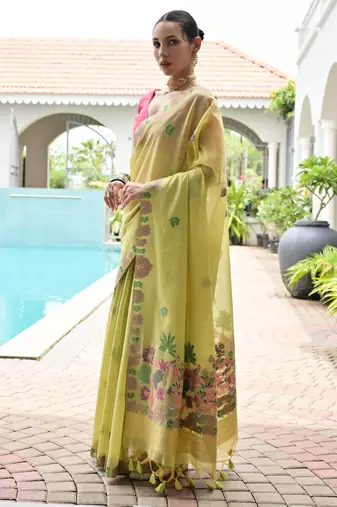 green solid chanderi saree with blouse