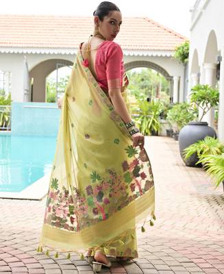 green solid chanderi saree with blouse 3