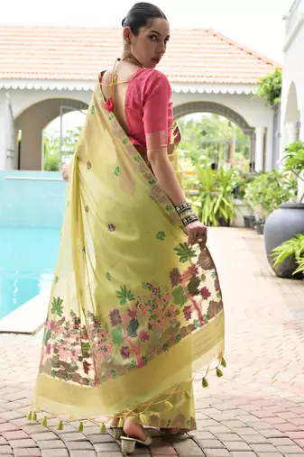 green solid chanderi saree with blouse