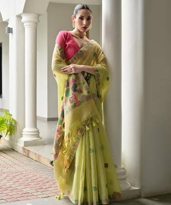 green solid chanderi saree with blouse 4
