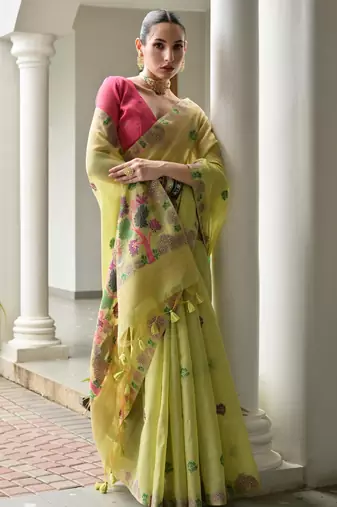 green solid chanderi saree with blouse