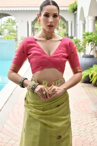 green solid chanderi saree with blouse