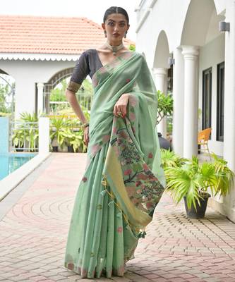green solid chanderi saree with blouse 1
