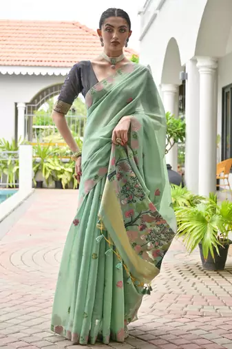 green solid chanderi saree with blouse