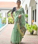 green solid chanderi saree with blouse