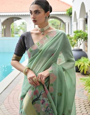 green solid chanderi saree with blouse 2
