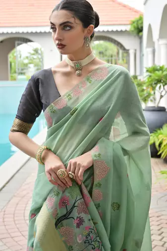 green solid chanderi saree with blouse