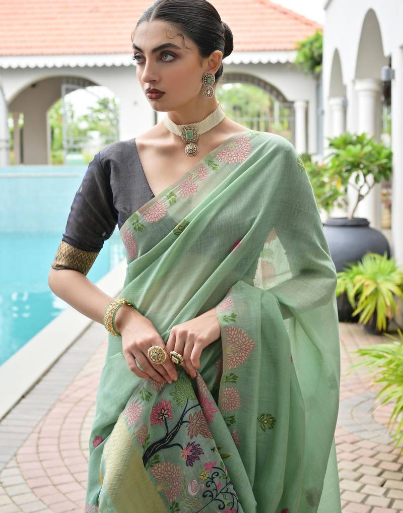 green solid chanderi saree with blouse