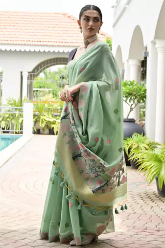 green solid chanderi saree with blouse