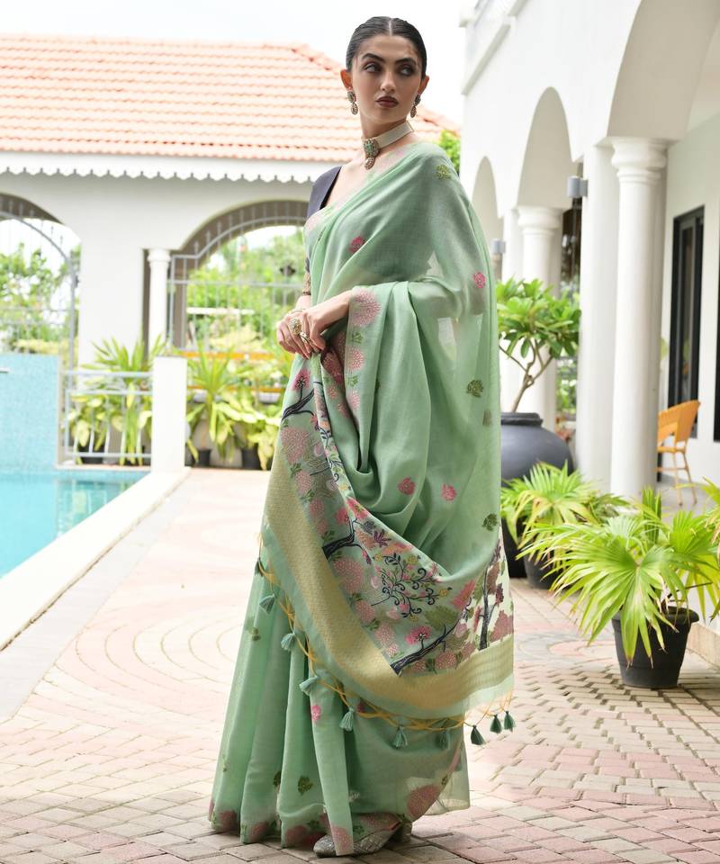green solid chanderi saree with blouse