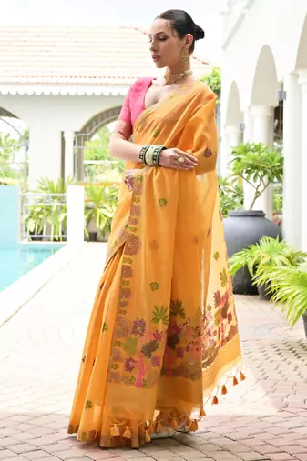 yellow solid chanderi saree with blouse