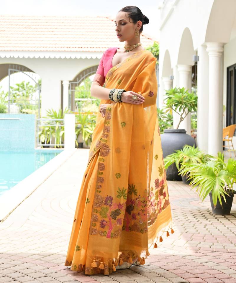 yellow solid chanderi saree with blouse